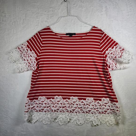 Tommy‎ Hilfiger Womens Red White Striped Shirt Size 2XL Lace Embellished - Picture 1 of 11
